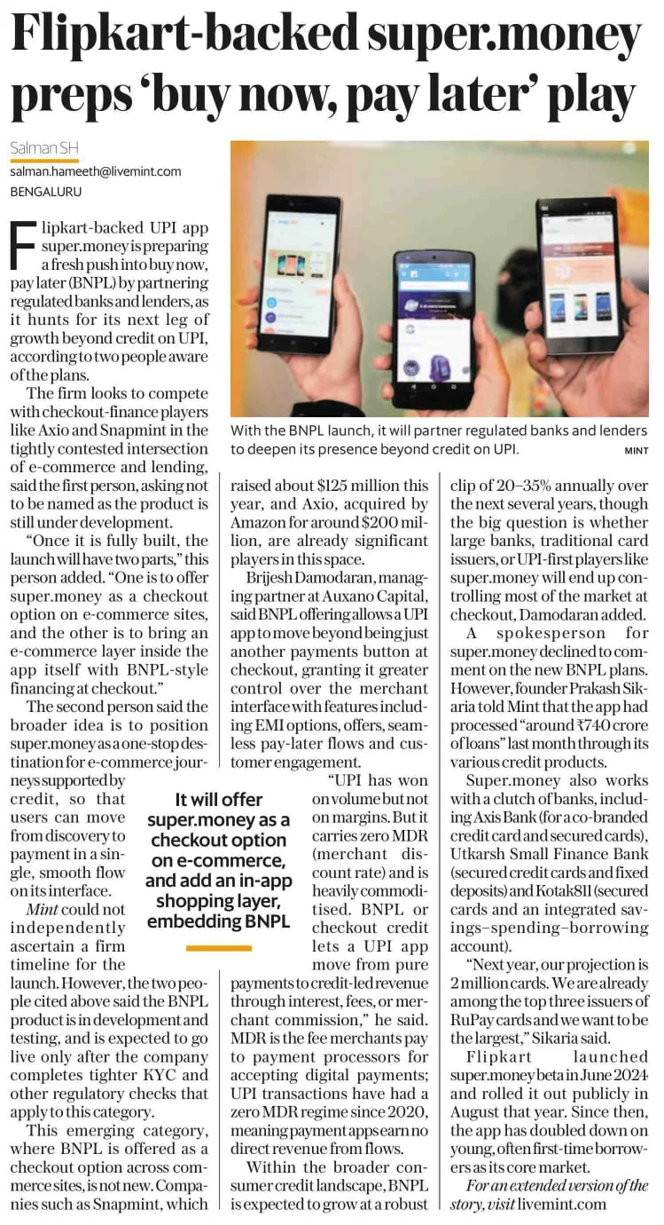 Press clipping: Flipkart-backed super.money preps buy now, pay later play (Mint)
